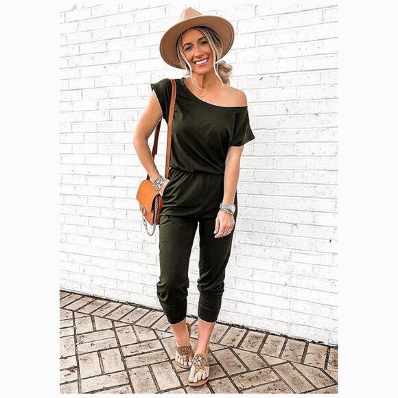 Women's Loose Solid Off Shoulder Elastic Waist Stretchy Green - Picture 2 of 6